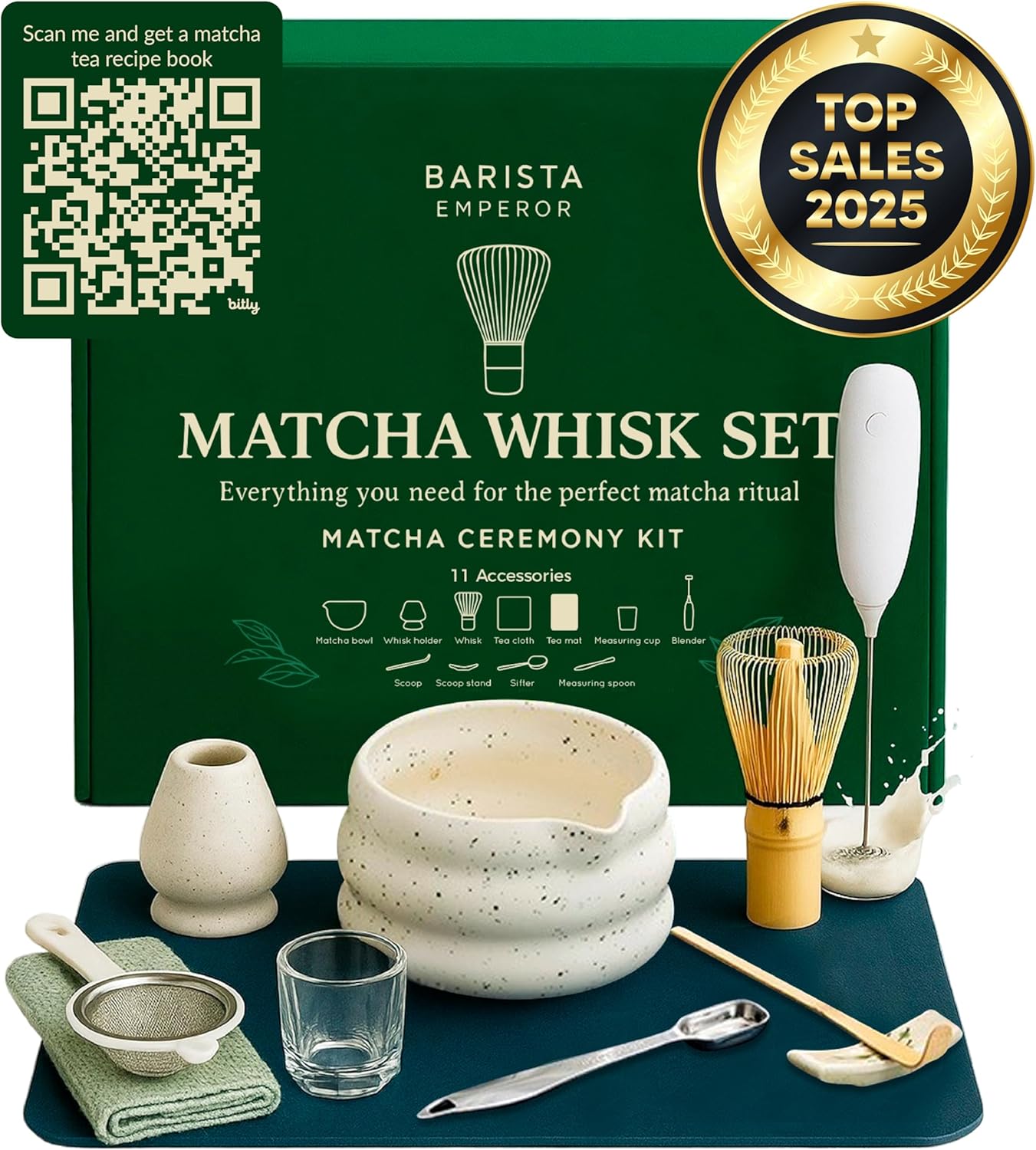 BARISTA EMPEROR® PREMIUM 11pcs MATCHA WHISK SET - Professional Matcha Kit Set with Matcha Bowl, Matcha Whisk, Milk Frother, Spoon, Matcha Sifter, Scoop, Scoop Stand, Measuring Cup, Tea Mat and Cloth