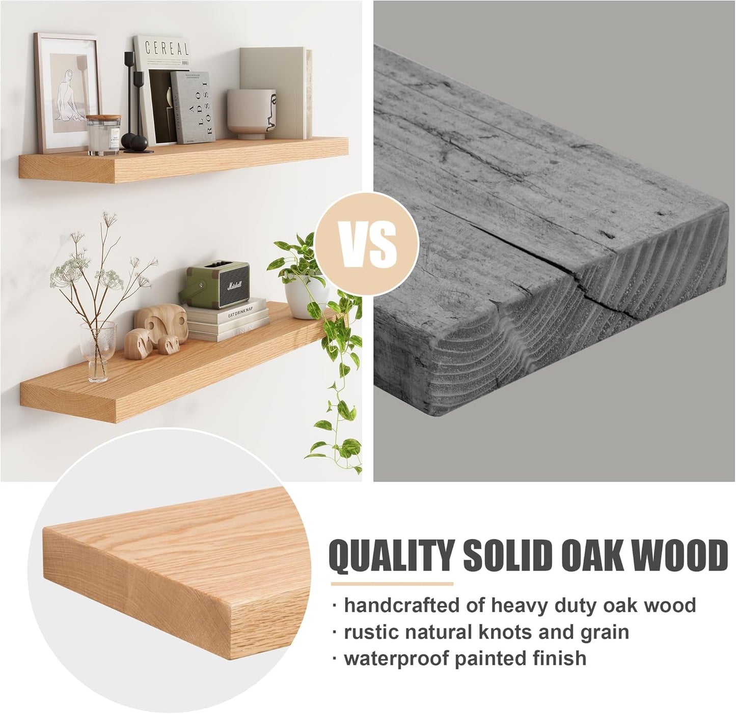 Floating Shelves for Wall, USA-Sourced Oak Wood 24 Inch Wall Shelves Set of 2, Natural Wooden Wall Mounted Picture Ledge Shelf, Nursery Book Storage Shelf Kids Bookshelf, Display Shelf for Bathroom