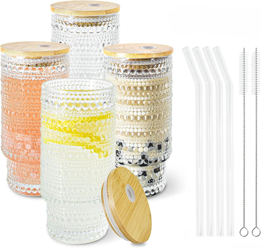 4 Pcs 11 oz Drinking Glasses Cups Set with Bamboo Lids Straws Brush Small Drinking Glassware Set for Juice Iced Coffee Cocktail Whiskey(Hobnail*4)