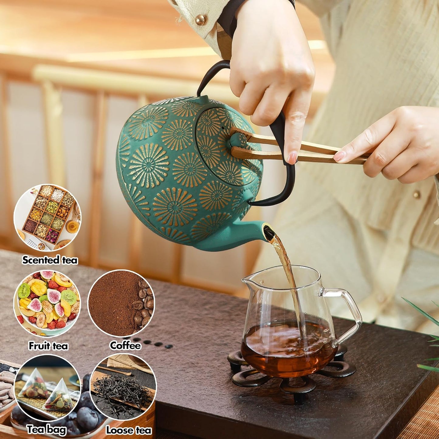 Cast Iron Teapot, 40oz Tea Kettle with Infuser for Stove Top, Sakura Design Japanese Tea Pot for Tea&Coffee Coated with Enameled Interior, Silicone Handle 1200ml Green