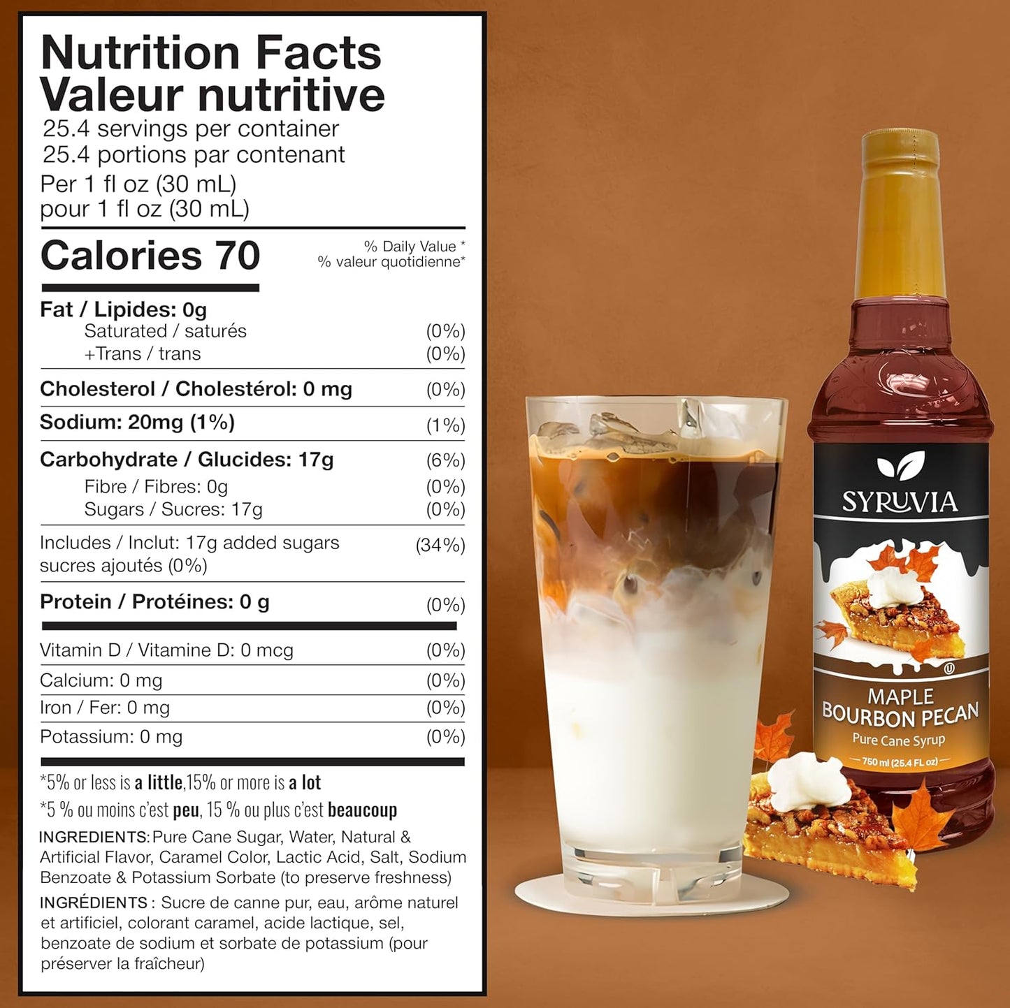 Syruvia Maple Bourbon Pecan Coffee Syrup - 25.4 fl oz - Kosher, Perfect for Drinks, Soda, Desserts, and More, Gluten Free