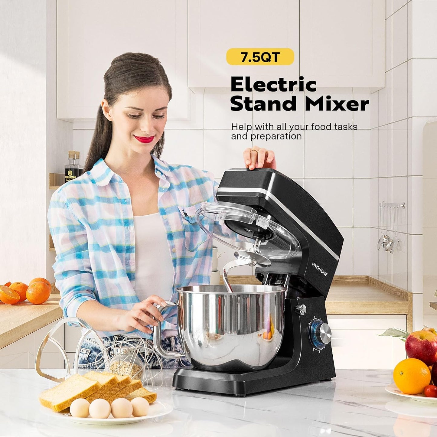 VIVOHOME 7.5 Quart Stand Mixer, 660W 6-Speed Tilt-Head Kitchen Electric Food Mixer with Beater, Dough Hook, Wire Whip, and Egg Separator, Black