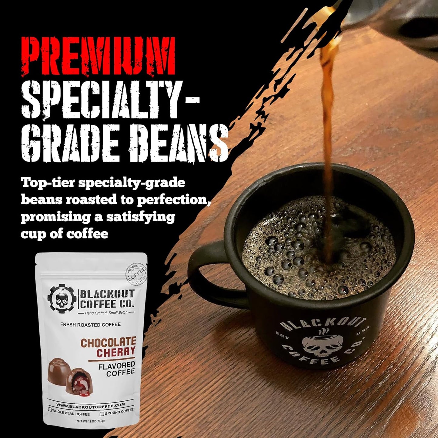 Blackout Coffee Chocolate Cherry Flavored Medium Roast - Freshly Roasted in the USA - 12 oz Ground Coffee Pouch