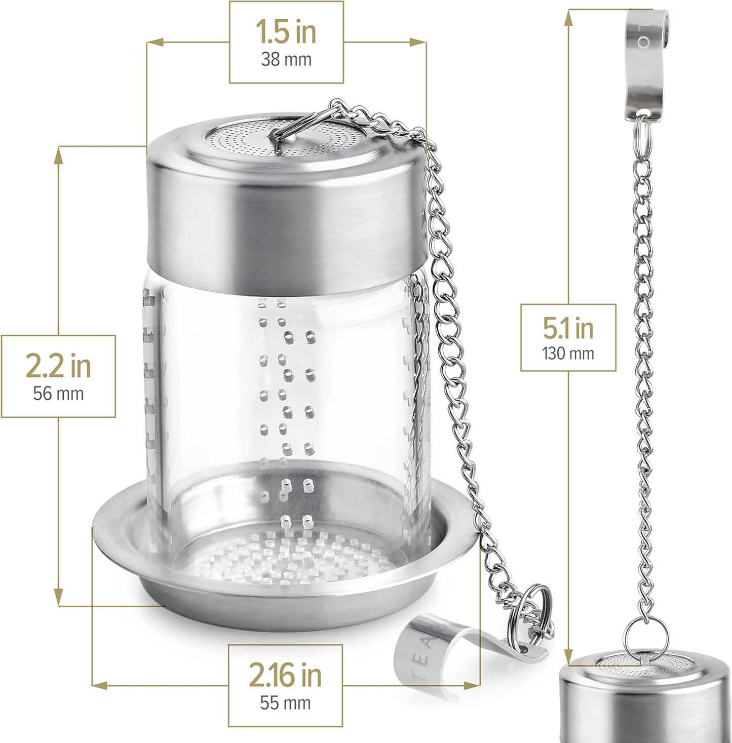 Teabloom Puresteep Glass Tea Infuser with Lid & Drip Tray – Borosilicate Glass Loose Leaf Steeper with Stainless Steel Chain – Non-Toxic – Small or Large Size