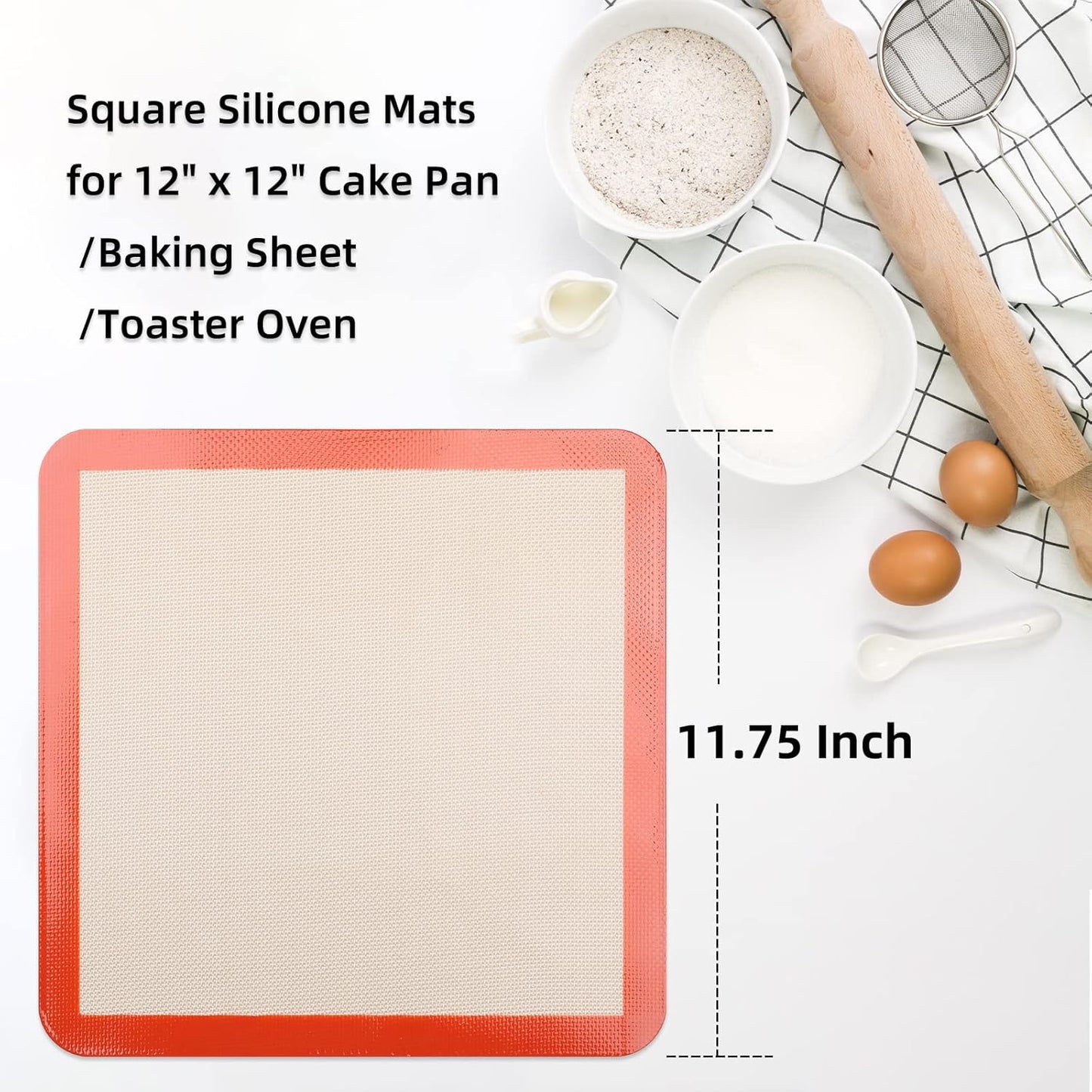 Square Silicone Baking Mats for 12 Inch Cake Pan/12x12 Cheesecake Pan/Toaster Oven/XL Air Fryer, 11.75"Square Food Grade Silicone Mat for Baking Sheet for Cake/Pastry/Torte/Pie, Non-Stick&Reusable2PCS