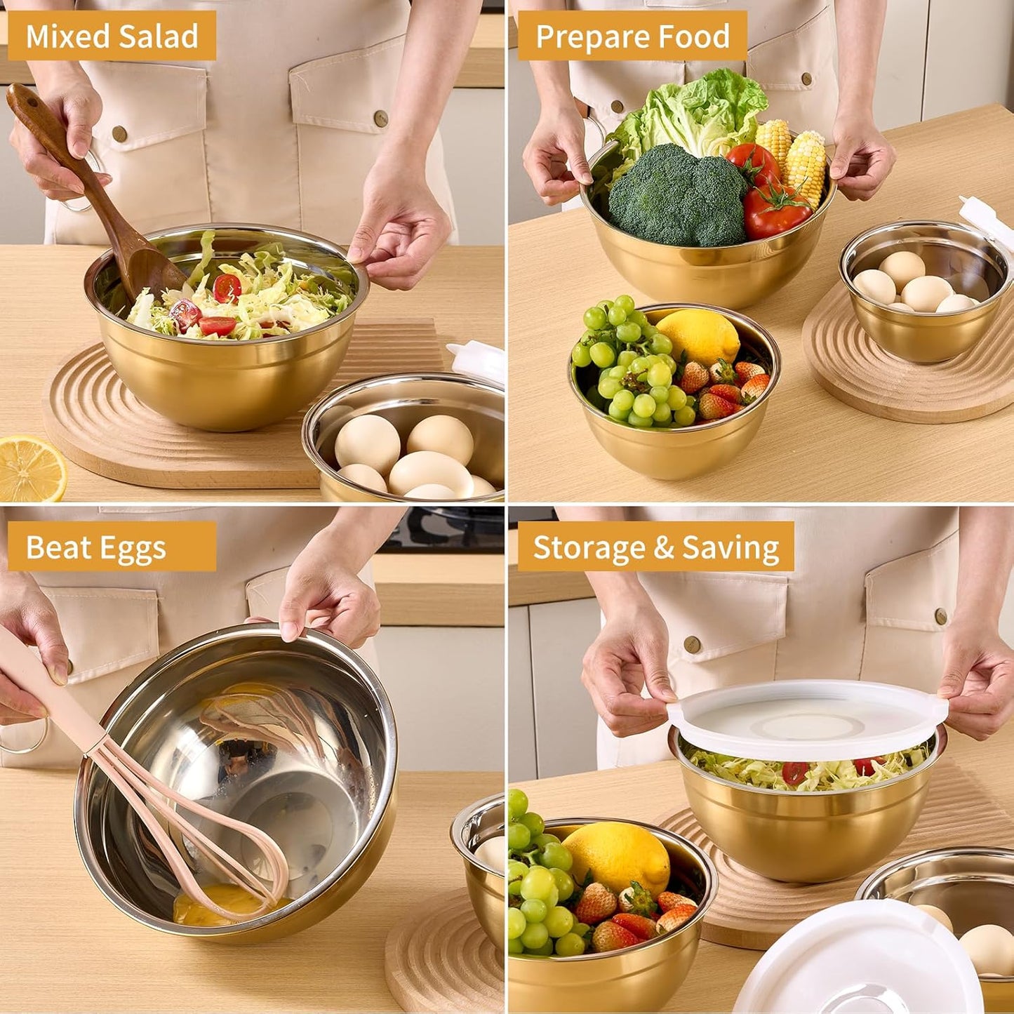 Gold Mixing Bowls With Airtight Lids,Stainless Steel Bowl,Salad Bowls 5 Piece Colorful Nesting Bowl Gold Kitchen Accessories,Size 5.5,3.6,2.7,2.1,1.5QT Stackable Design