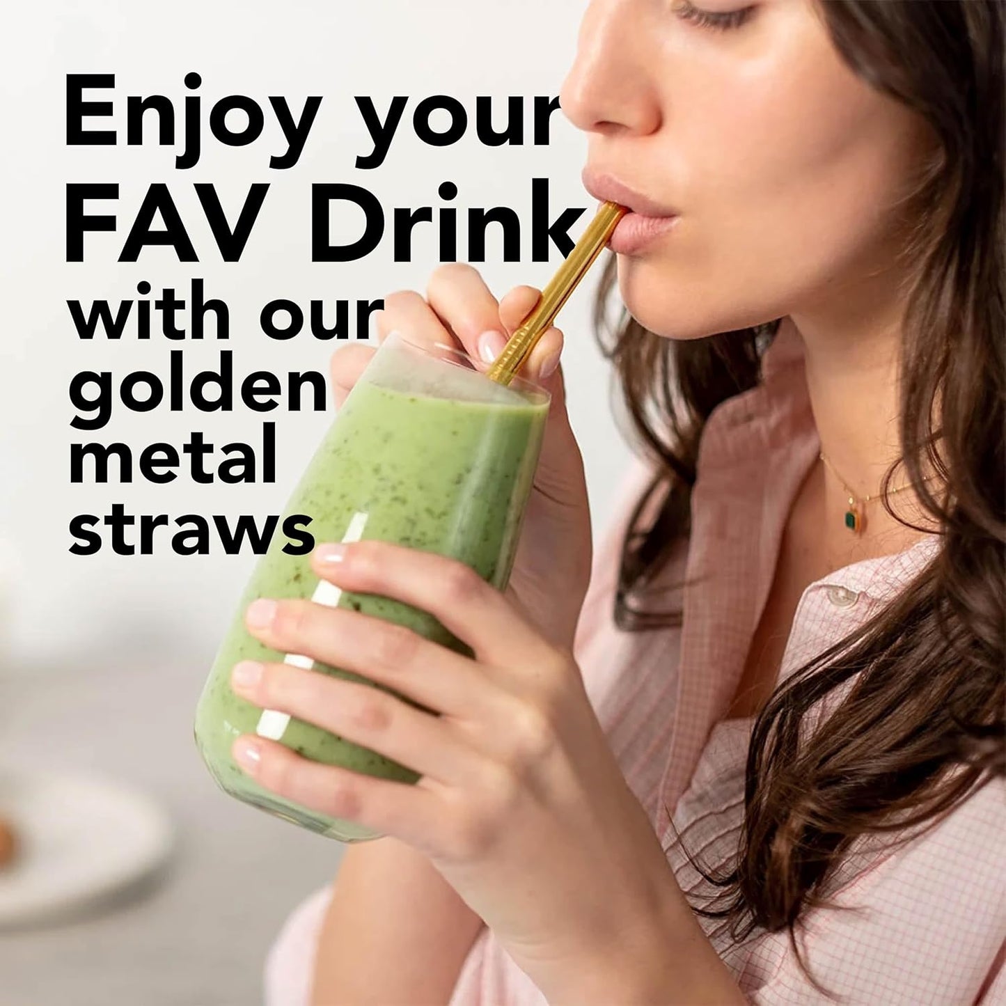 Gold stainless steel Reusable Straws-8.5" Set for smoothies, Juices &Coffee - 6-pack with Cleaning brush - Eco-Freiendly, Durable & Elegant Design