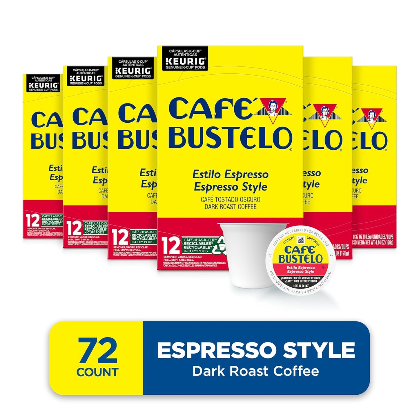 Café Bustelo Espresso Style Dark Roast Coffee, 72 Count Keurig K-Cup Pods