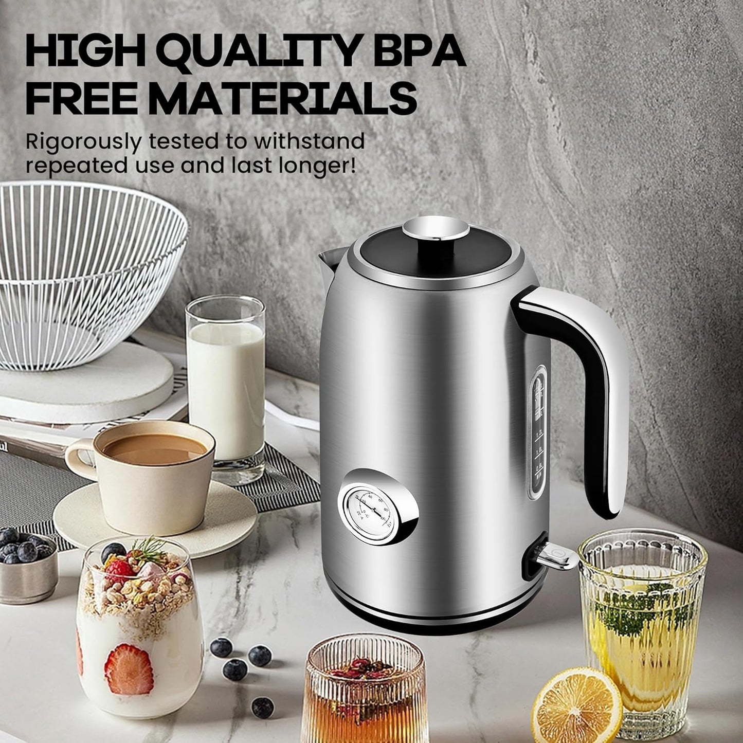 Pukomc Electric Kettle,1.7L Stainless Steel Electric tea kettle with Temperature Gauge, Fast Boiling, Auto Shut - off, BPA - Free, Boil - Dry Protection, (Silver)