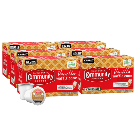 Community Coffee Vanilla Waffle Cone 60 Count Coffee Pods, Ice Cream Flavored, Compatible with Keurig 2.0 K-Cup Brewers, 10 Count (Pack of 6)