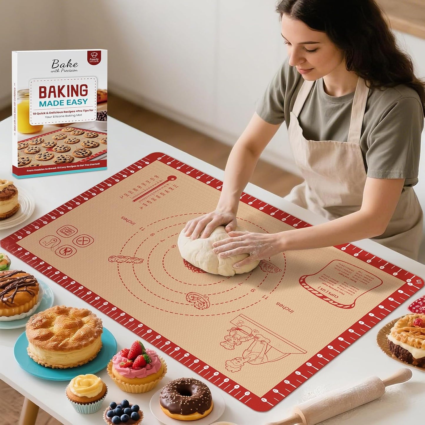 Extra Thick Silicone Mat for Baking, Silicone Baking Mat with 10 Easy Recipes, Non Stick Silicone Pastry Mat, kneading Dough Rolling Mat, Macaron, Cookie, bread, Pizza, Fondant/Pie Crust