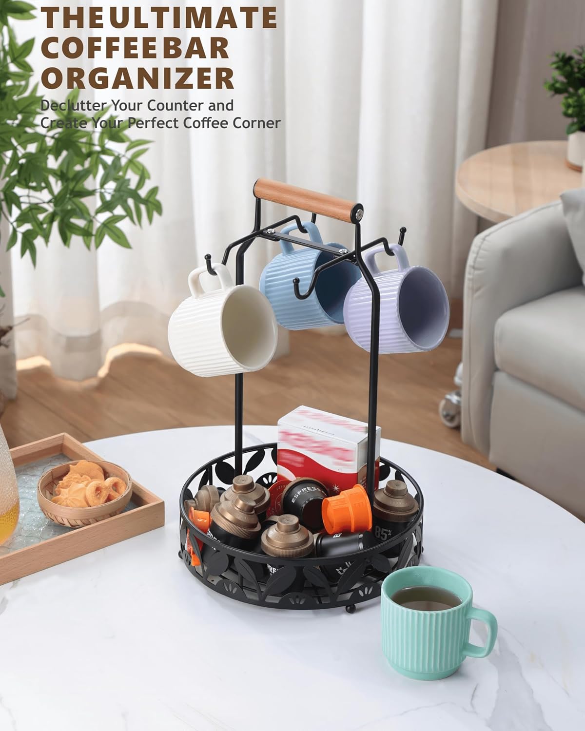 Mug Holder for Countertop, 2-in-1 Mug Tree for Large Mugs & Coffee Cup Stand with Storage Basket - Mug Rack & Organizer for Coffee Bar Accessories