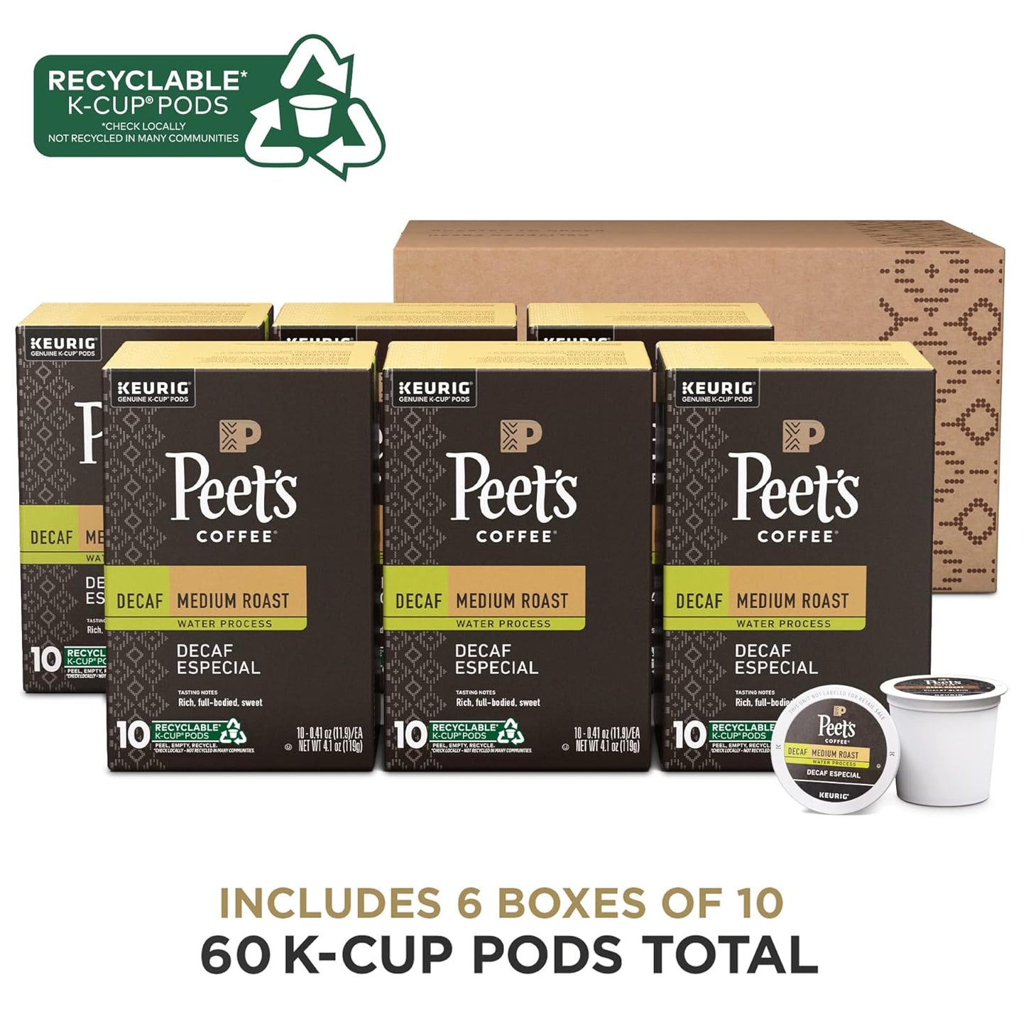 Peet's Coffee, Medium Roast Decaf Keurig K-Cup Pods - Decaf Especial 60 Count (6 Boxes of 10 K-Cup Pods)