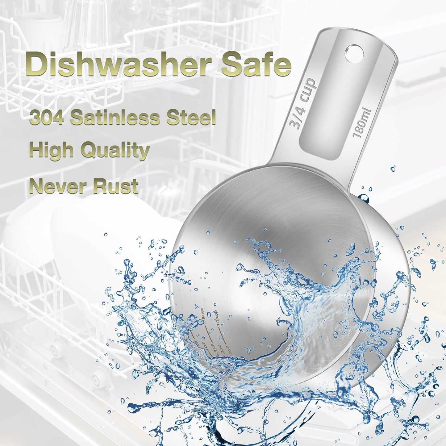 2PCS 3/4Cup (180ml, 6oz) Single Measuring Cup, Etched Inner Scale Stainless Steel Measure Scoop, Metric and US Measurement, Dishwasher Safe