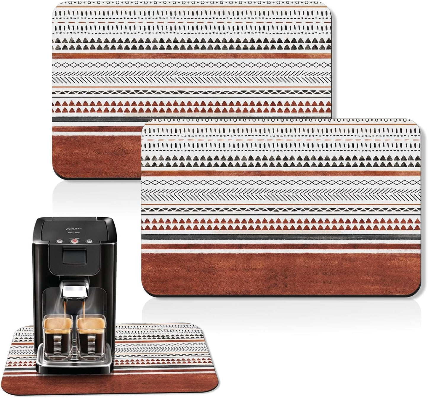 Arttown Coffee Mat for Countertops, Rust Stripes Boho Industrial Art Dish Drying Mat 2 Pcs for Kitchen Bar Accessories, Fit Under Coffee Maker Espresso Machine Dish Rack Hide Stain Rubber 12x19in