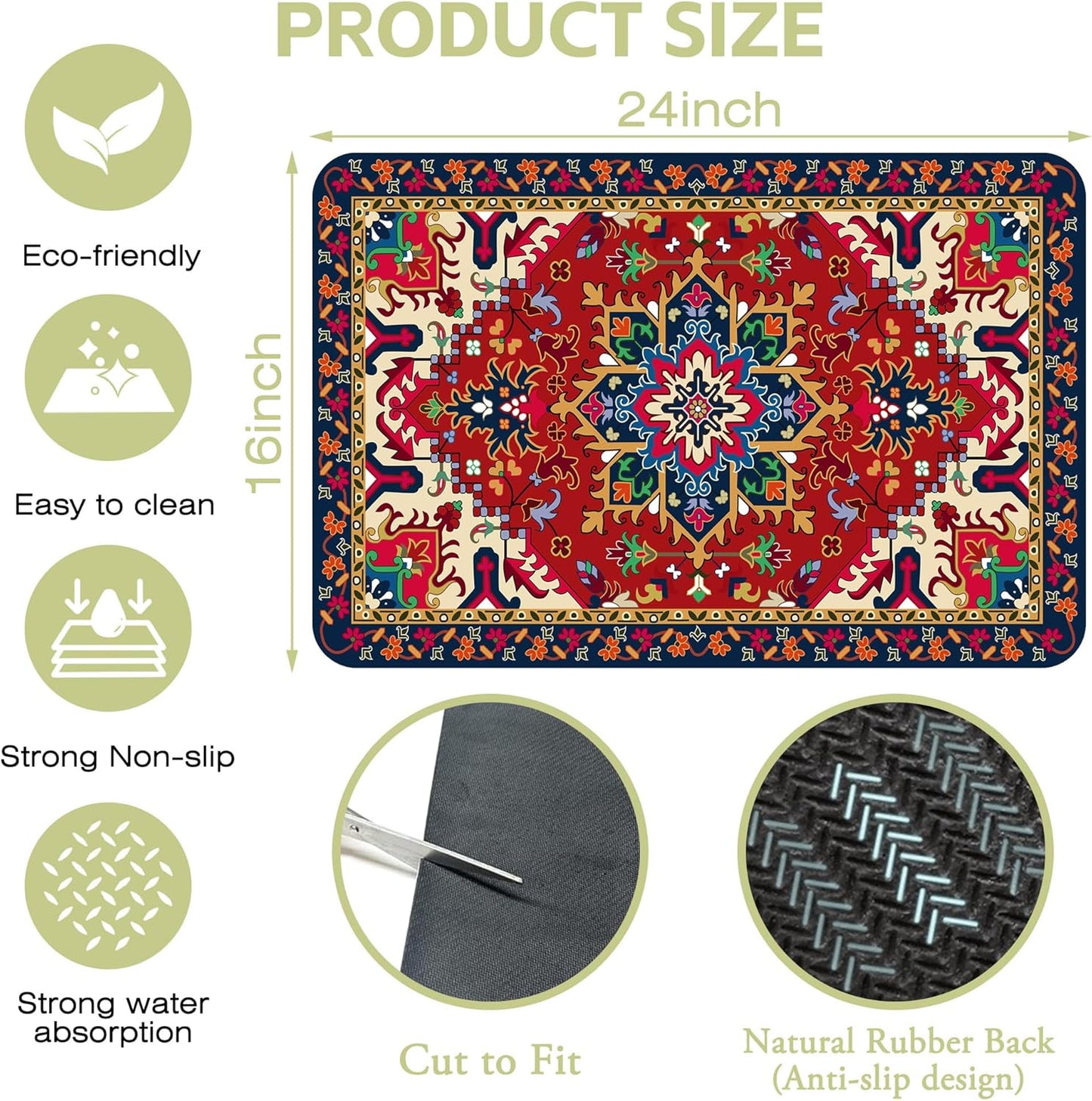 Dish Drying Mat Bohemia Tribal Carpet Texture Kitchen Mat 16"x24" Bsorbent Coffee Maker Mat for Dishes,Utensils Coffee Maker Pots and Pans Easy Clean Dish Slip Resistant Pad