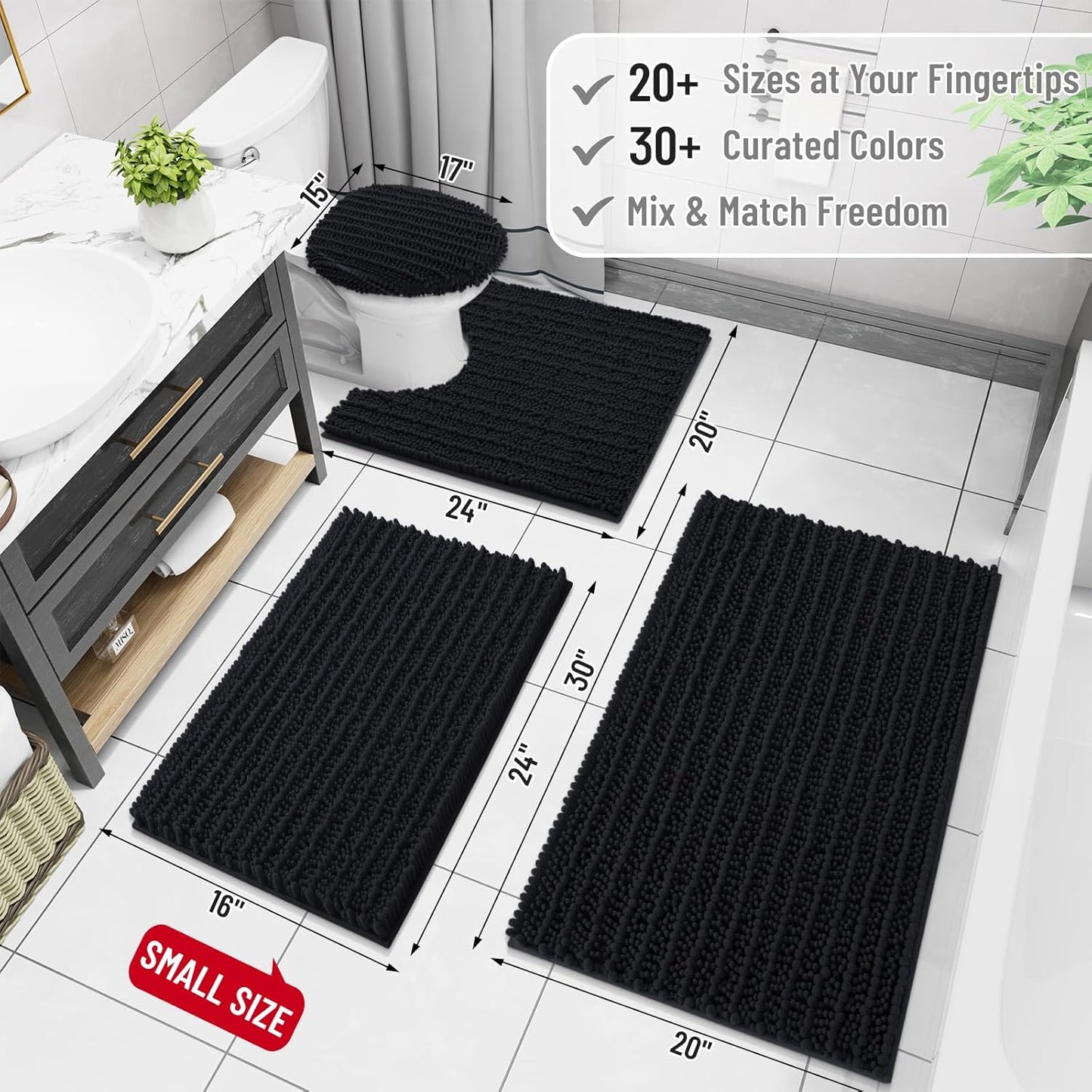 Arotive Luxury Chenille Bathroom Rug Mat, Extra Soft Thick Absorbent Shaggy Bath Rugs, Non-Slip Machine Wash Dry, Plush Bath Mats for Bathroom, Shower and Tub, 60x24, Black