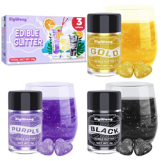 Edible Glitter Set, 3 Colors Luster Dust Edible Glitter, Food Grade Metallic Food Decorating Sprinkle Dust for Drinks Wine, Powder Glitter for Fondant, Chocolate, Candy, Cookie, 5g/0.18oz, Vegan