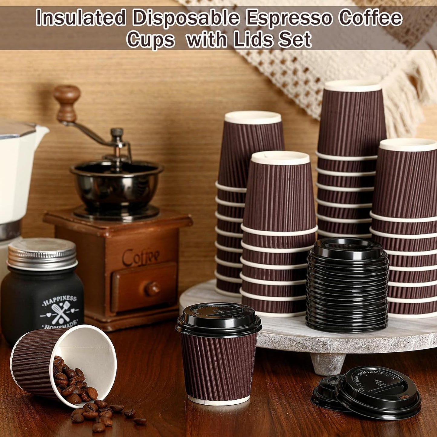 Uiifan 100 Set 4oz Disposable Espresso Cups with Lids Ripple Corrugated Paper Disposable Coffee Insulated Hot Ripple Cups for hot Chocolate, Tea, and Cocoa Drinks (Coffee Color)