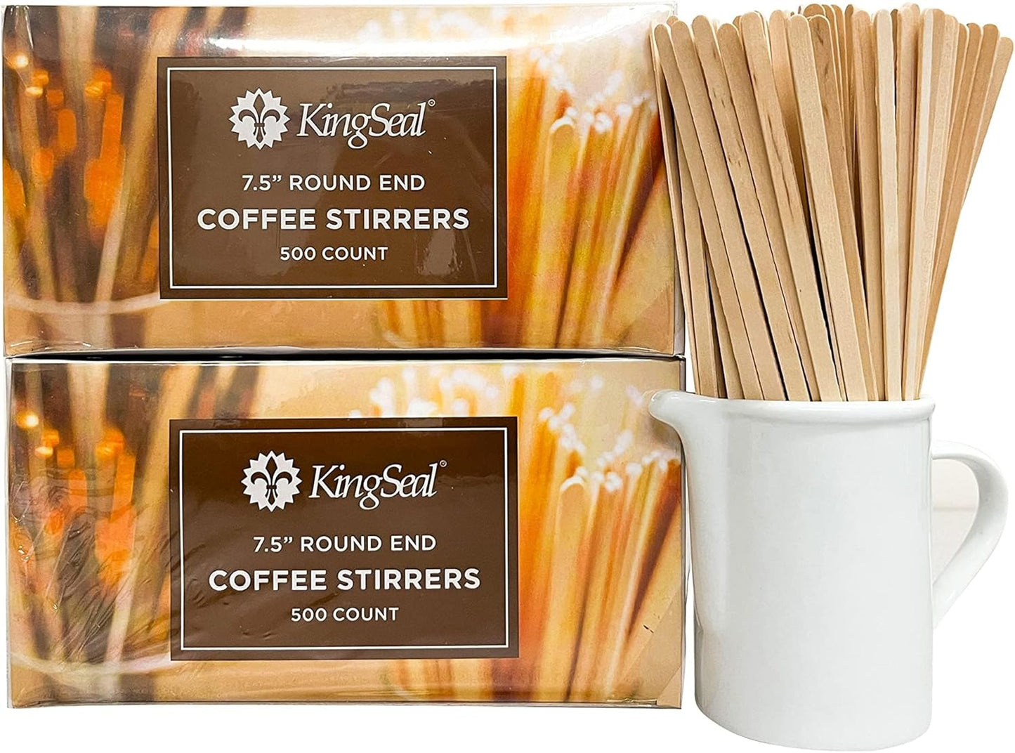 5000 Count | KingSeal Natural Birch Wood Coffee Beverage Stirrers, Stir Sticks, Waxing Sticks, 7.5 Inches, Round End, Eco-Friendly - 10 Boxes x 500 Stirrers