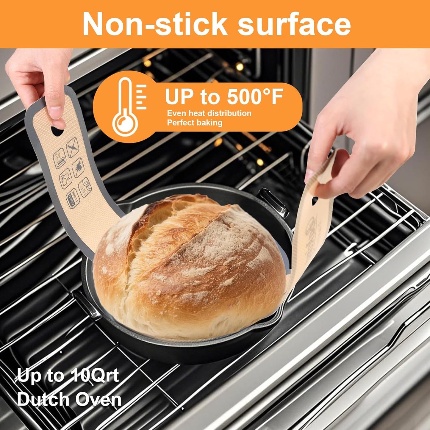 2 PCS Silicone Bread Sling with Dough Kneading Bag, Non-Stick & Easy Clean Round Reusable Silicone Baking Mat, for Dutch Oven, 500 Degrees Heat Resistant