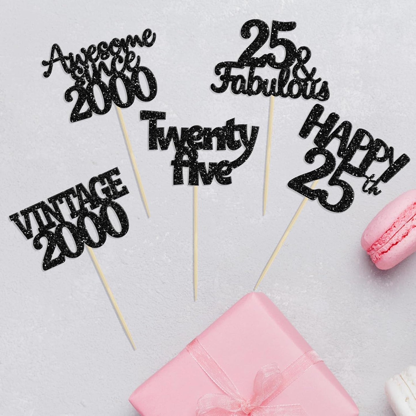 Gyufise 30Pcs Vintage 2000 Cupcake Toppers Glitter 25th Birthday Cake Decorations - Black