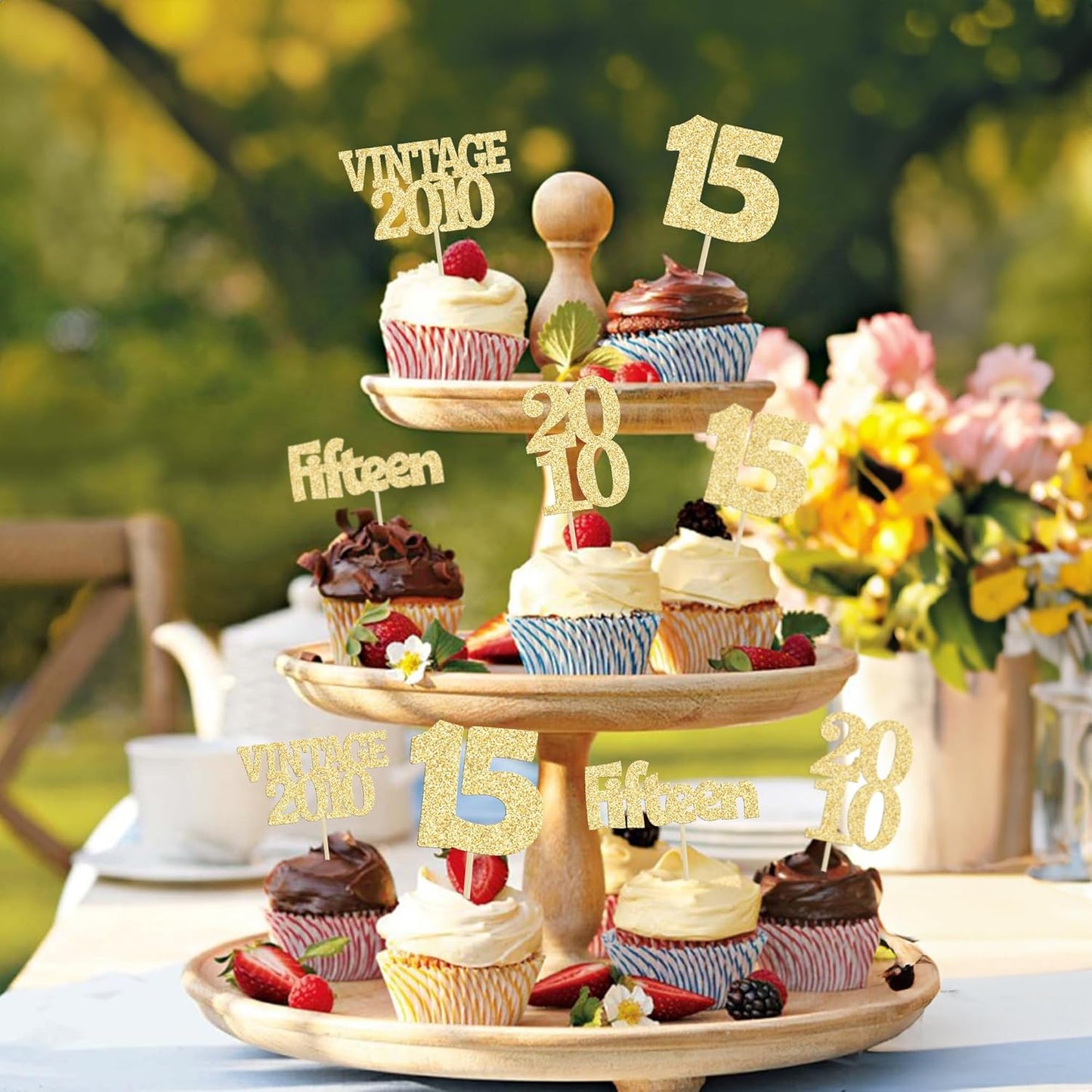 Gyufise 24Pcs Sweet 15 Cupcake Toppers Glitter Fifteen Vintage 2010 15th Birthday Cupcake Picks Hello 15 Years Birthday Cake Decorations for Happy 15th Anniversary Party Supplies Gold