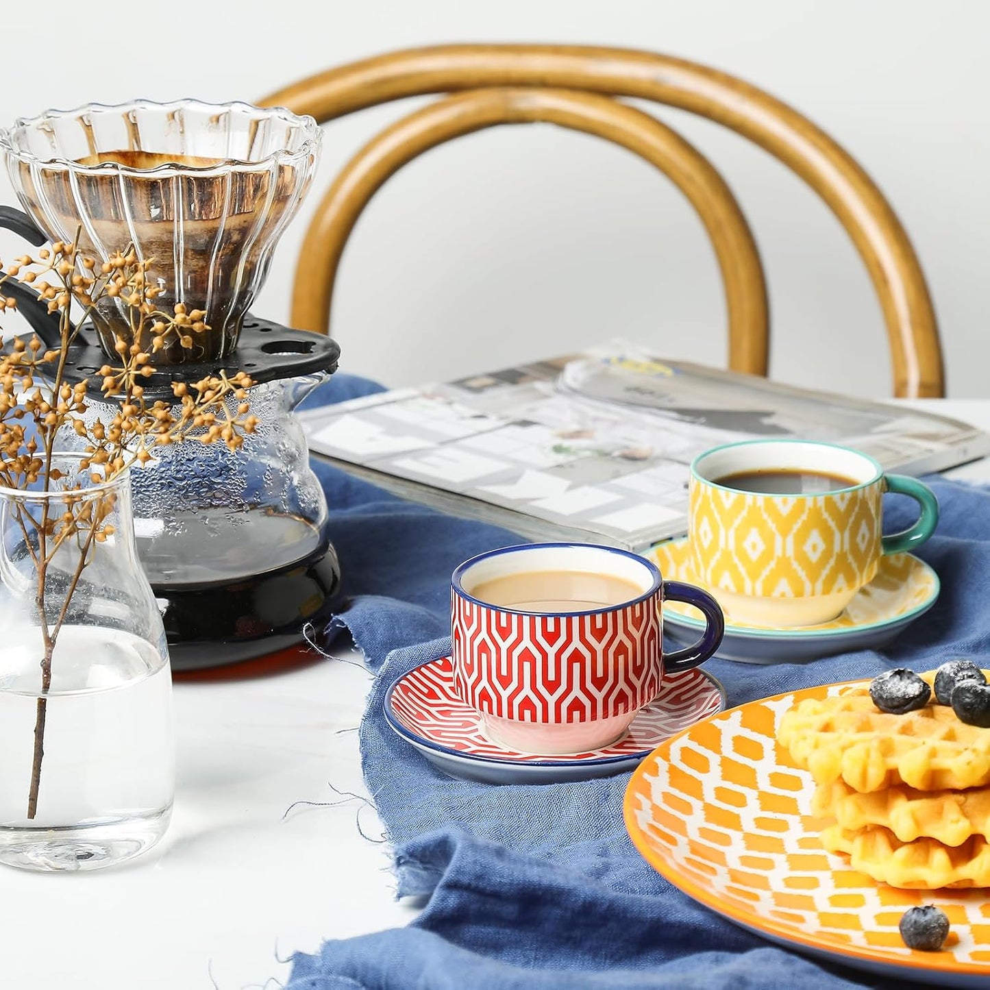 Selamica Ceramic Espresso Cups with Saucers and Metal Stand, 2.5 OZ Stackable Demitasse Cups for Espresso Latte Café Mocha Tea, Set of 4, Assorted Colors