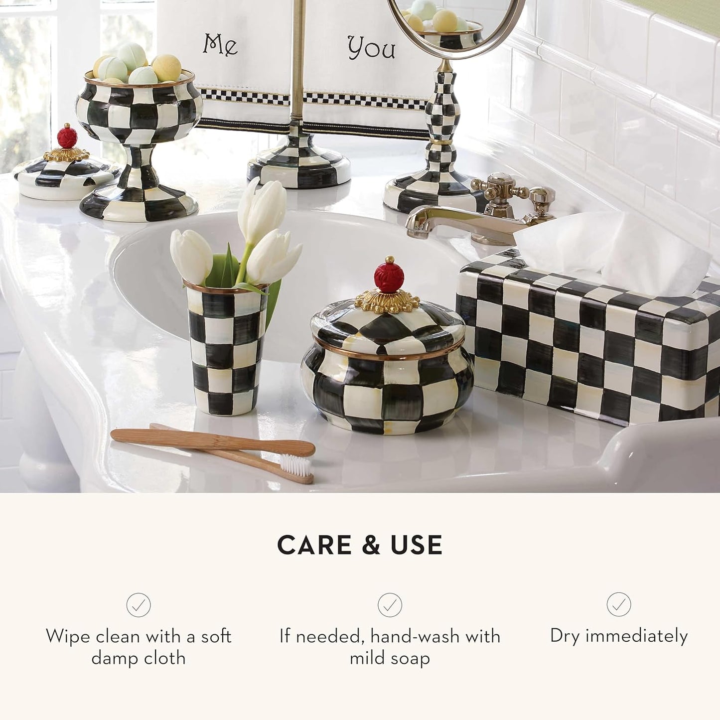 MACKENZIE-CHILDS Enamel Squashed Pot, Cute Enameled Container with Lid, 20 Ounces, Black-and-White Courtly Check