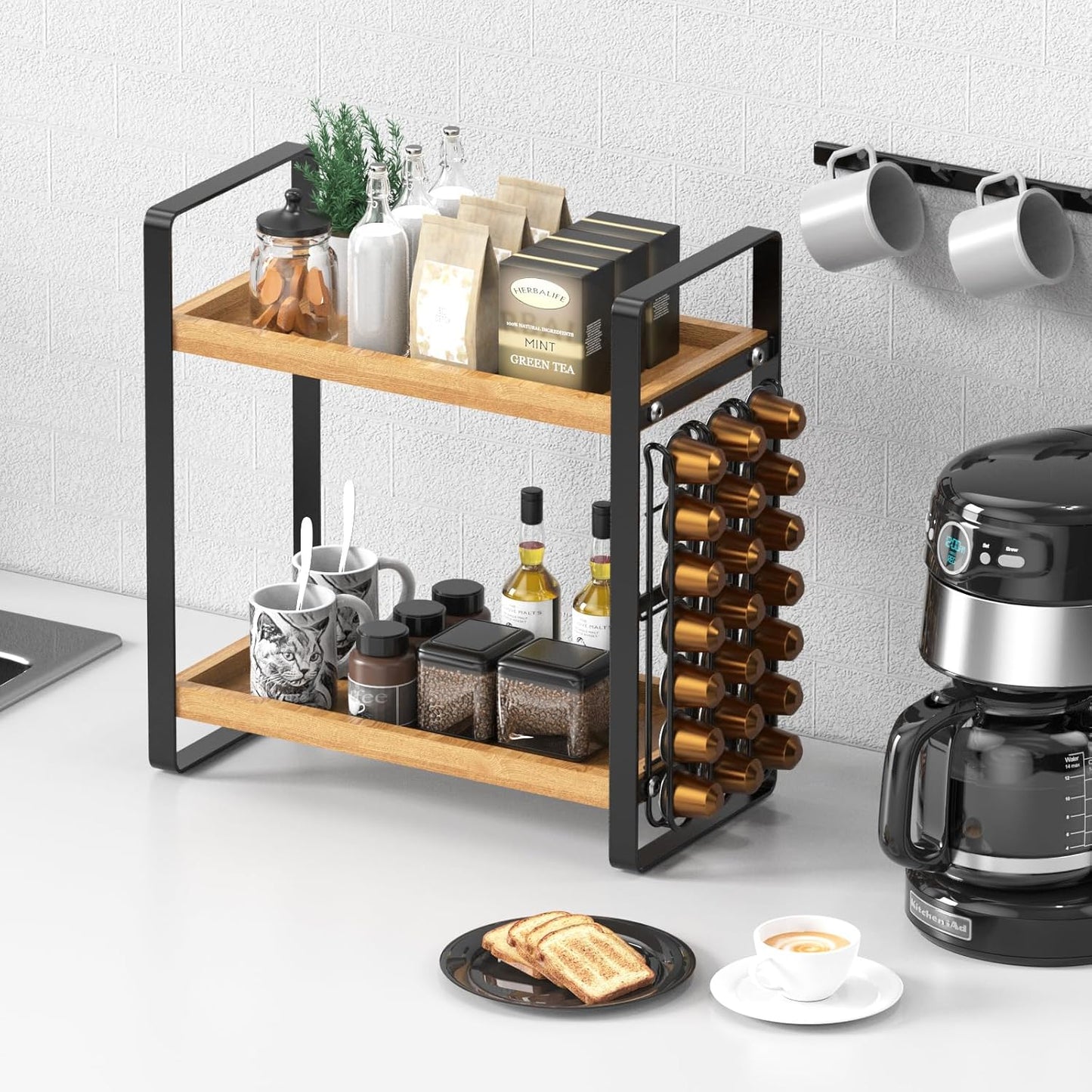 LEMIKKLE Coffee Station Organizer,Compatible with Nespresso Classic Pods 24pcs, Coffee Bar Accessories and Cup Storage Organizer, Wood Counter Shelves for Kitchen, Office, Countertop