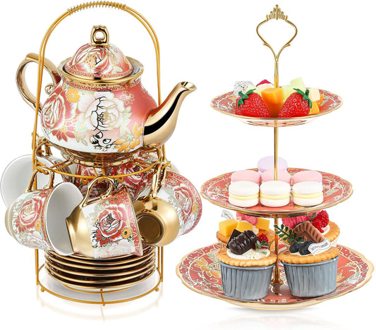 Maxcheck 21 Pcs Tea Party Set for Adults European Floral Tea Set with Metal Holder and 3 Tier Ceramic Cake Stand Porcelain Flower Cup Teapot for Dessert Cupcake(Romantic Style)
