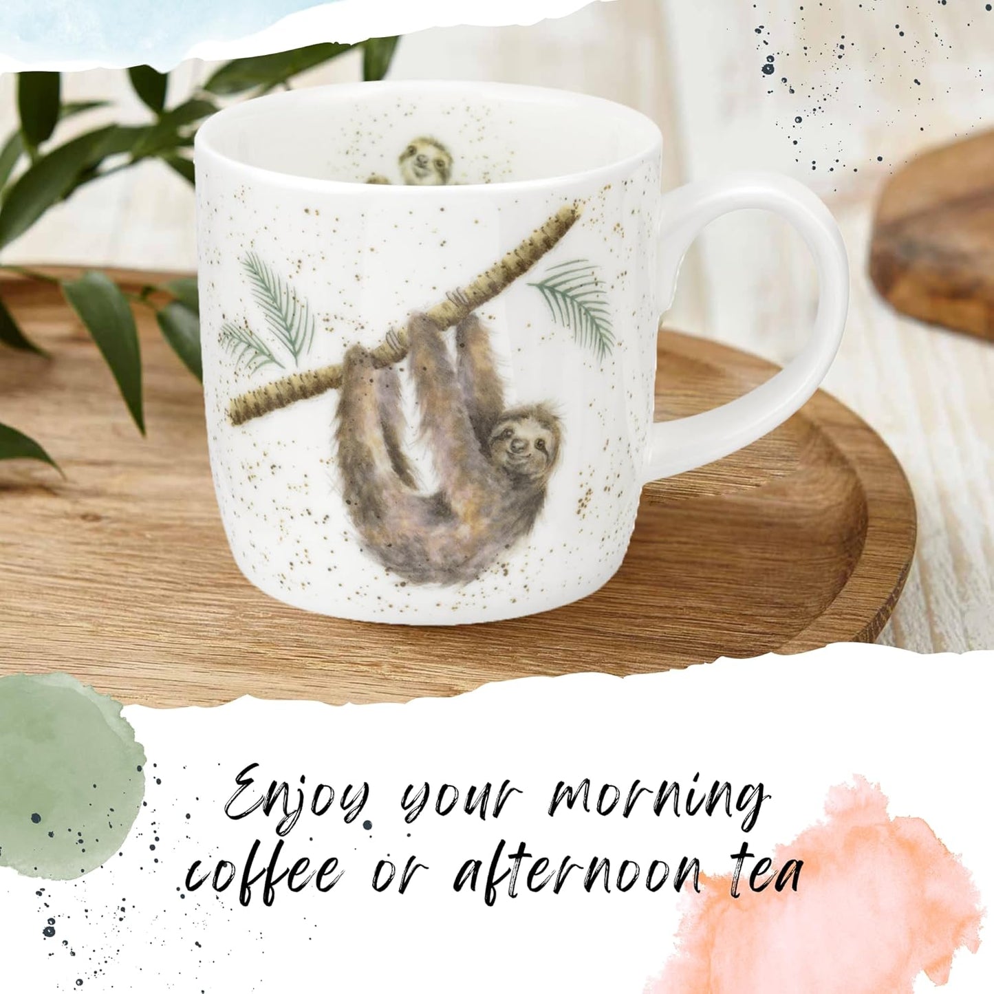 Royal Worcester Wrendale Designs Farmhouse Style Mug, Hanging Around - 14 oz Fine Bone China Mug with Sloth Illustration for Cozy Kitchen Vibes - Floral Drinkware for Daily Comfort