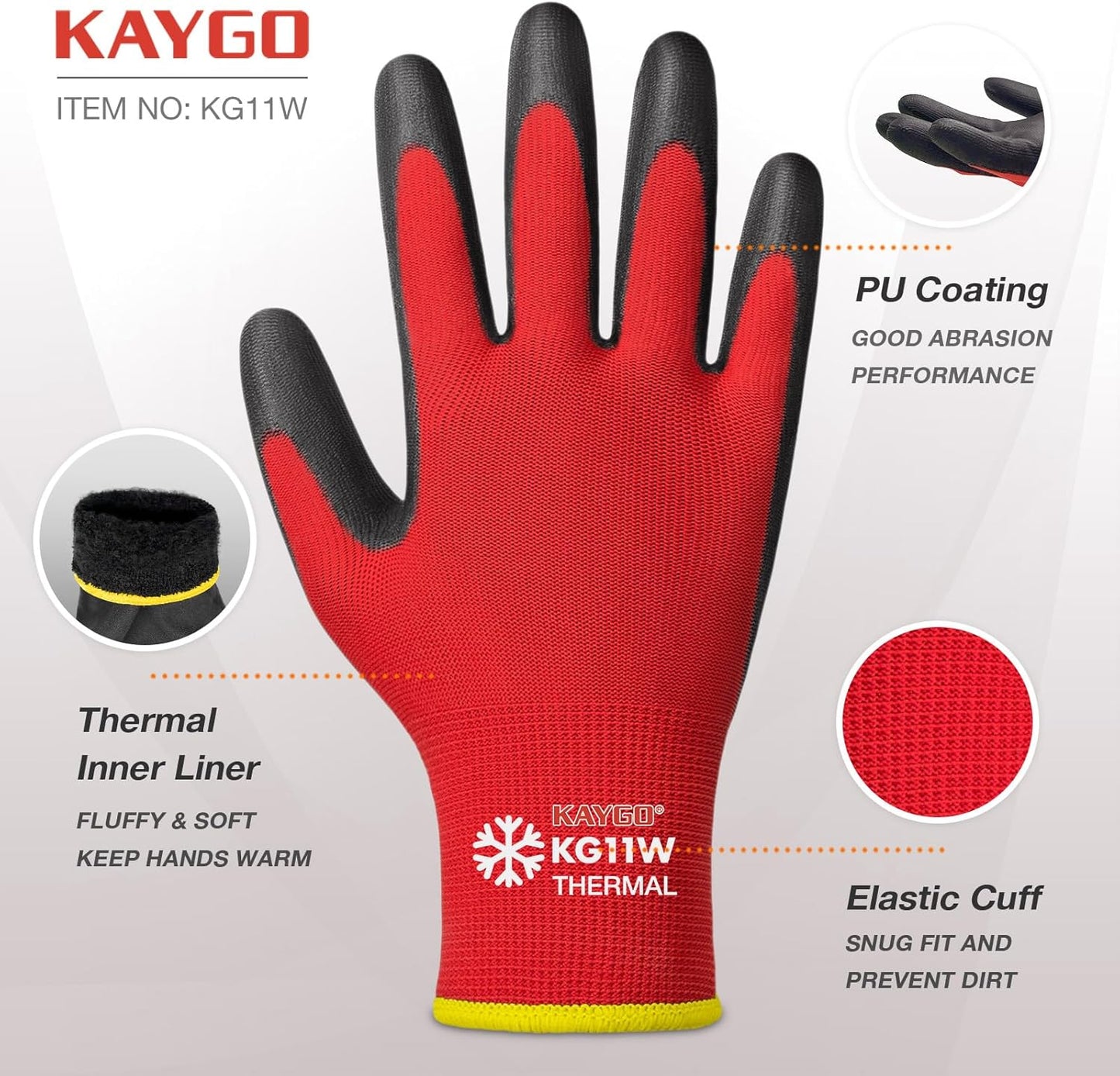KAYGO Winter Work Gloves for Men and Women, 12 Pairs Thermal Insulated Safety Work Gloves PU Coated, Smooth Grip on Palm & Fingers,Ideal for Freezer Work,Red,S