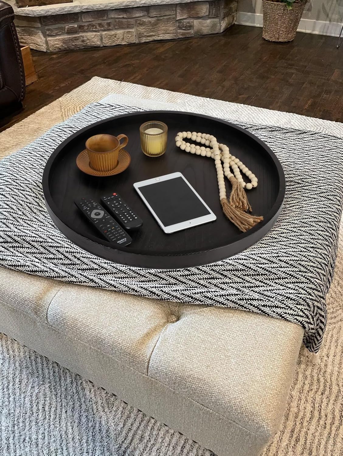 Round Ottoman Table Tray Round-24 - Rustic Wooden Serving Tray for Farmhouse Decorative Oversized Coffee Table Trays Living Room Kitchen Counter Breakfast Black