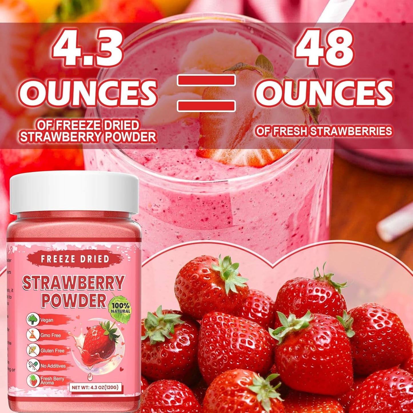 Freeze Dried Strawberry Powder - Kiigfood 4.3 oz/120g Natural Strawberry Powder Fruit Powder, Strawberries Source for Smoothie, Drinks, Baking, Cakes Decoration - Vegan, Non-GMO, Gluten-Free