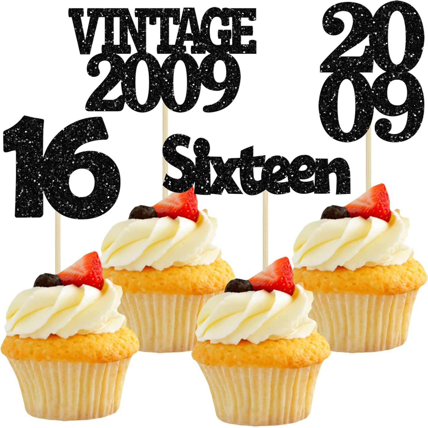 Gyufise 24Pcs 16th Birthday Cupcake Toppers Glitter Sixteen Vintage 2009 Sweet 16 Cupcake Picks Hello 16 Years Birthday Cake Decorations for Happy 16th Birthday Anniversary Party Supplies Black