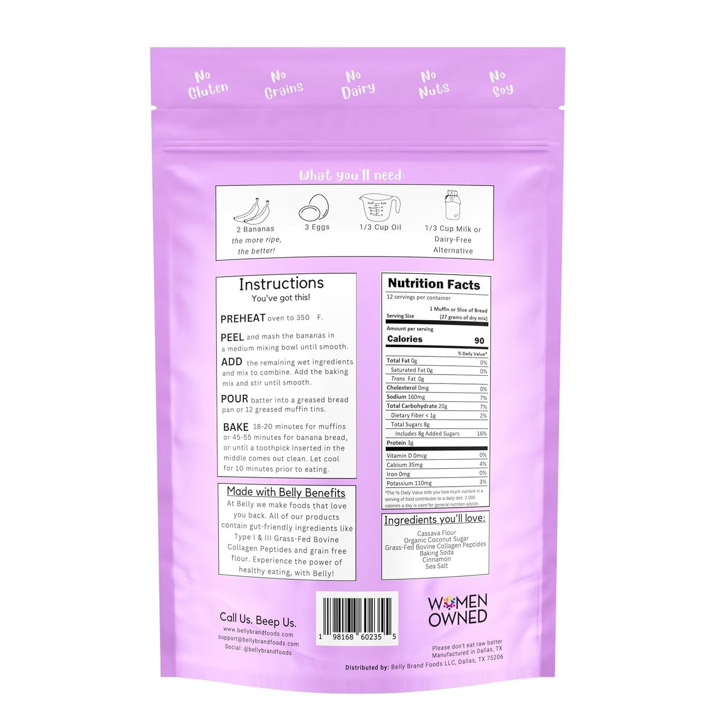 Belly Banana Bread Mix with Collagen Protein | High-Protein | Banana Muffin Mix | Grain-Free Dairy-Free Nut-Free | Healthy Snacks For Adults & Kids | Women-Owned Business | 11.3 Ounces | 3 Pack