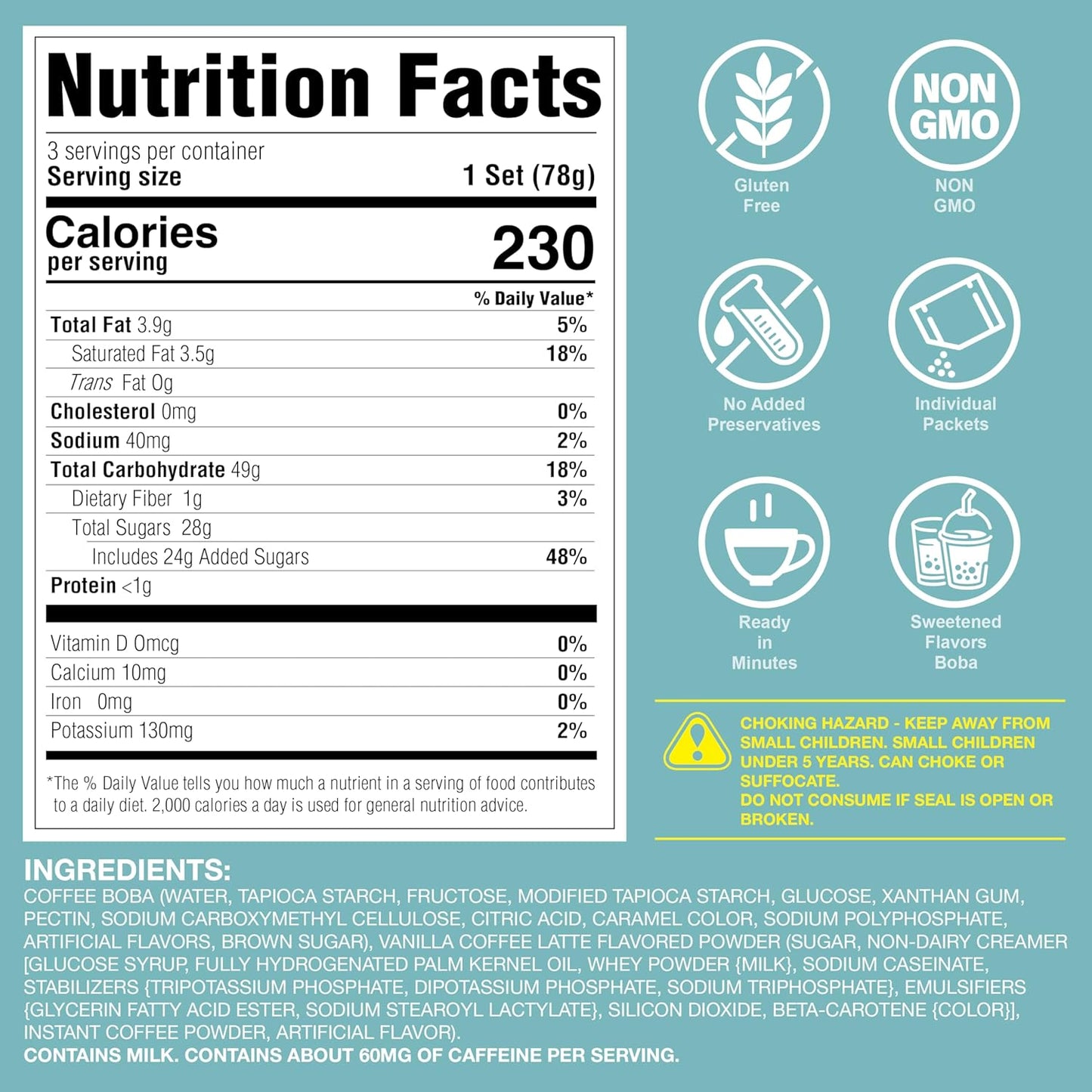 J WAY Instant Vanilla Latte Coffee Kit with Authentic Brown Sugar Tapioca Boba, Ready in Under One Minute, Paper Straws Included - 3 Servings