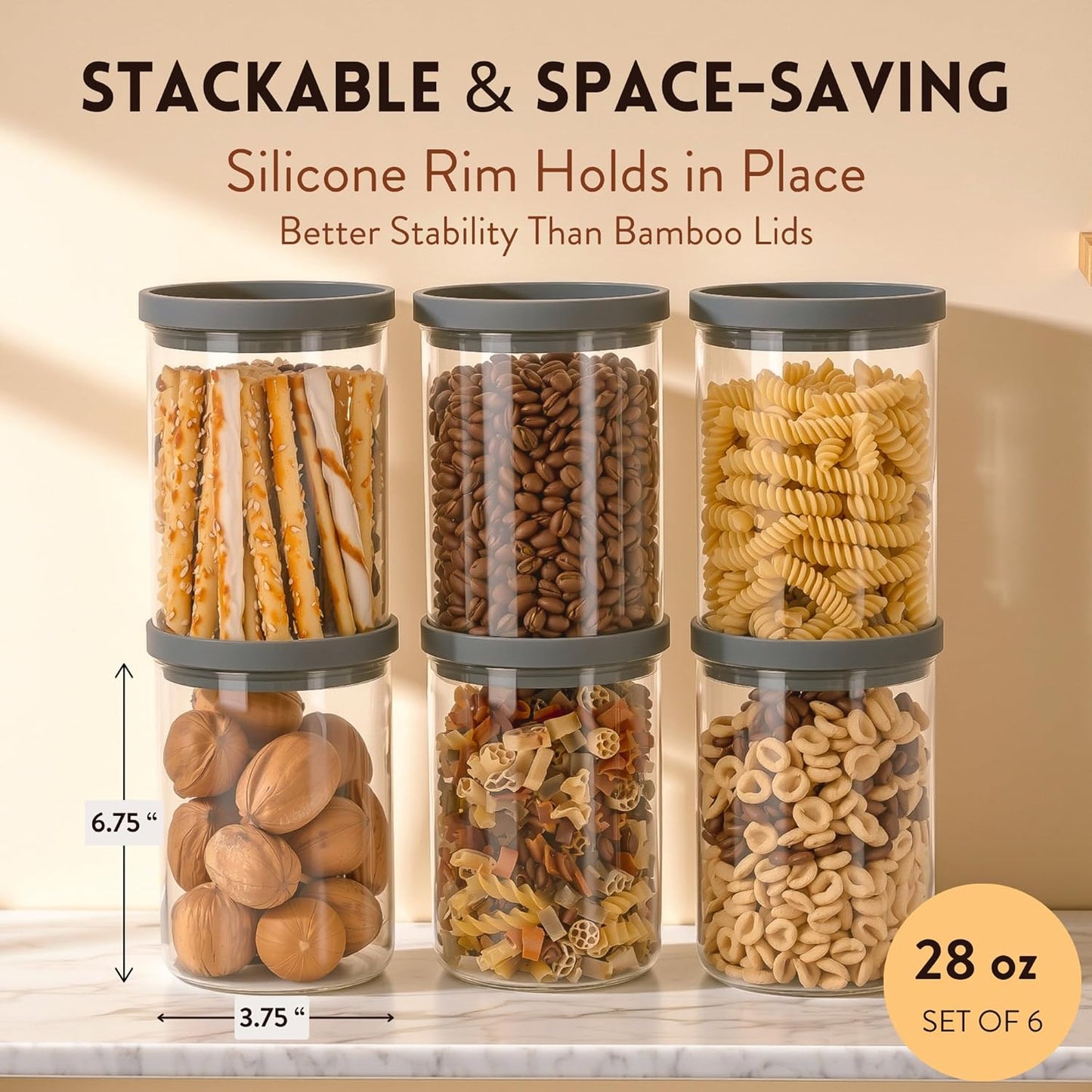 Glass Airtight Canisters with Silicone and Glass Lids – BPA-Free Borosilicate Containers for Food Prep, Storage, Wet or Dry Food Jars for Rice, Tea, Coffee, Candy – Set of 6 (28 oz)