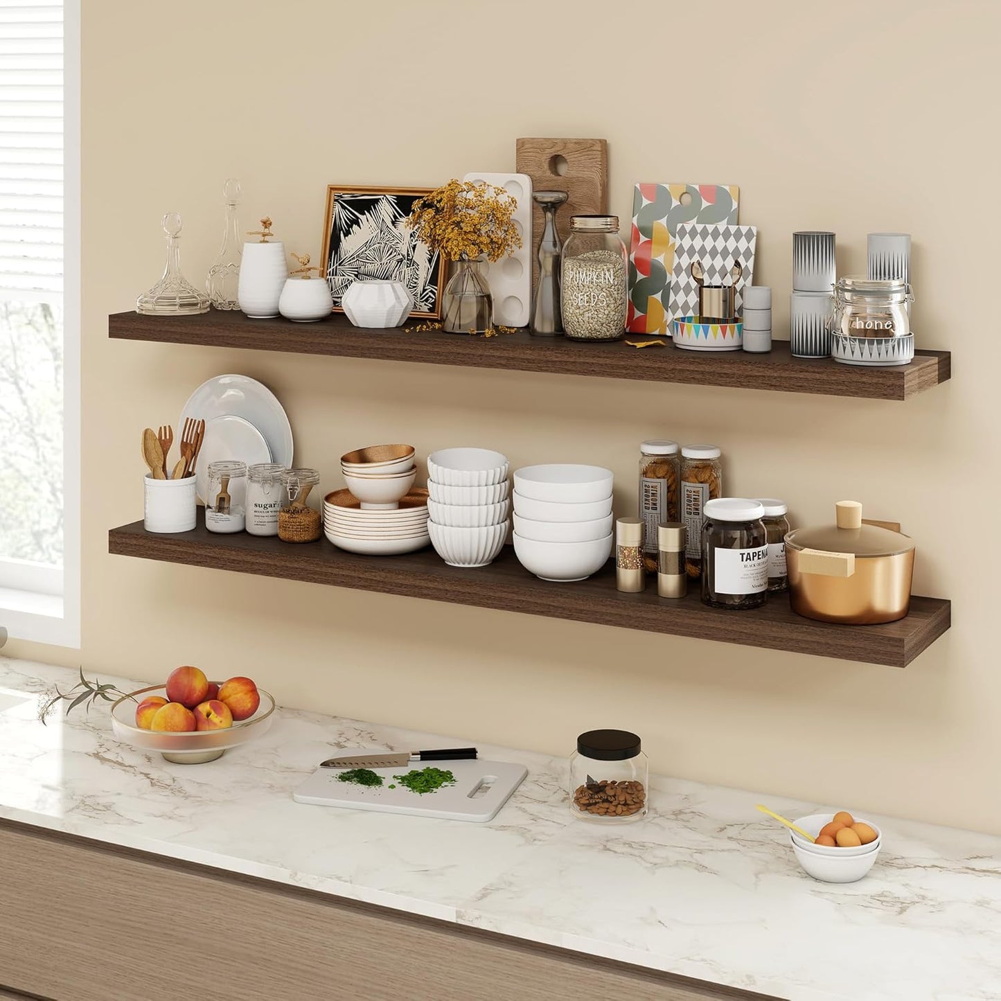 55 Inch Floating Shelves, 9.3" Deep Floating Shelf Wall Mounted, 56" Wall Shelves, Rustic Deep Bookshelf, Large Display Shelves & Storage Shelves for Bedroom, Living Room, Walnut, Set of 1