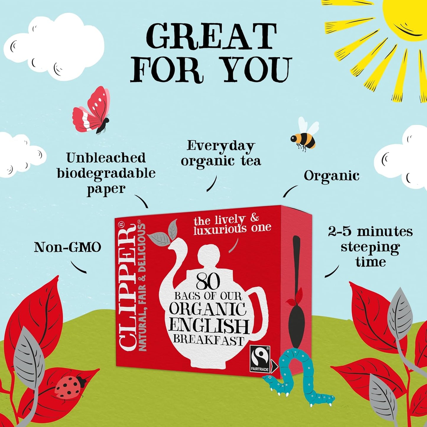 Clipper Tea, English Breakfast Assam Blend, Fairtrade, Organic, Plant-Based, Caffeinated British Tea, 1 Pack, 80 Unbleached Tea Bags