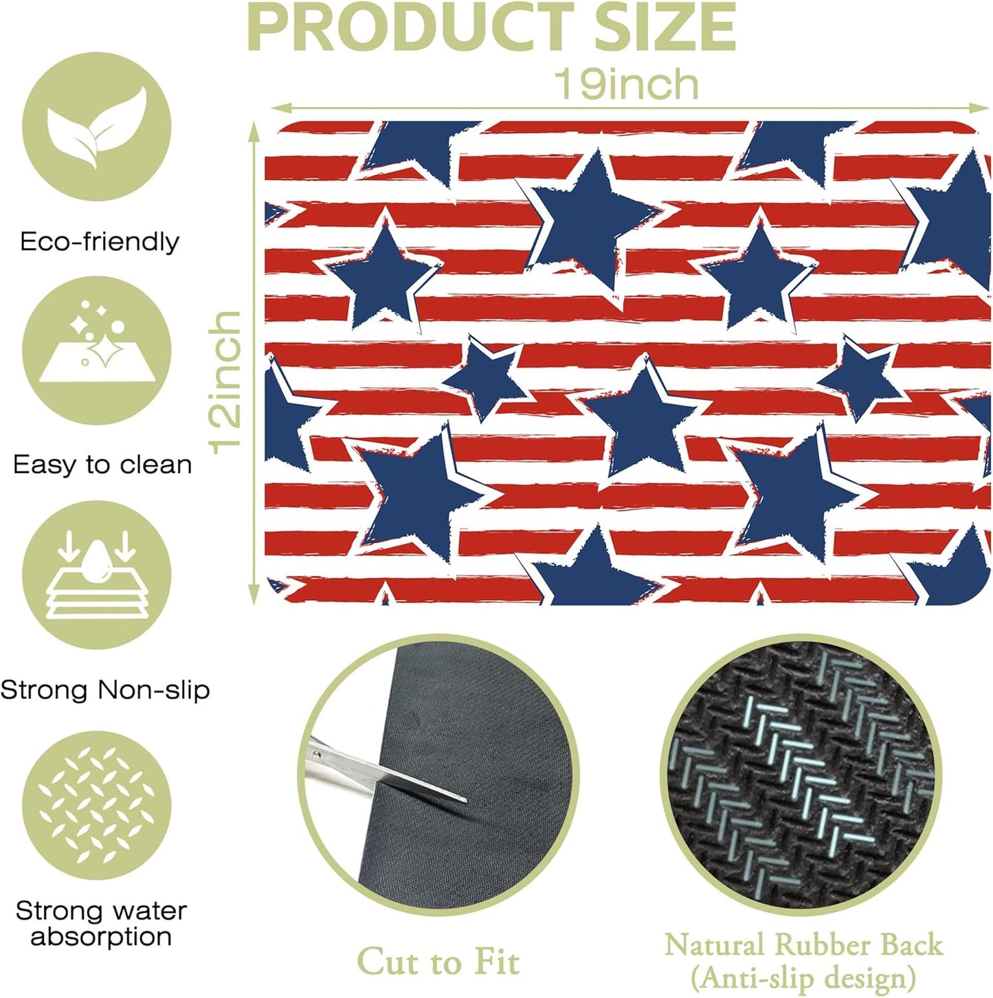 Dish Drying Mat Watercolor Blue Star Red Stripes Kitchen Mat 12"x19" Bsorbent Coffee Maker Mat for Dishes,Utensils Coffee Maker Pots and Pans Easy Clean Dish Slip Resistant Pad