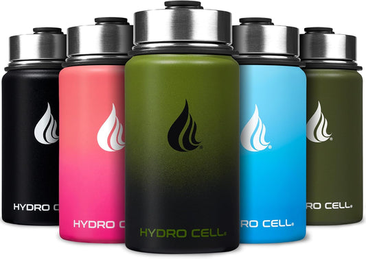 HYDRO CELL Stainless Steel Insulated Water Bottle with Straw - For Cold & Hot Drinks - Metal Vacuum Flask with Screw Cap and Modern Leakproof Sport Thermos for Adults (Army/Black 14oz)