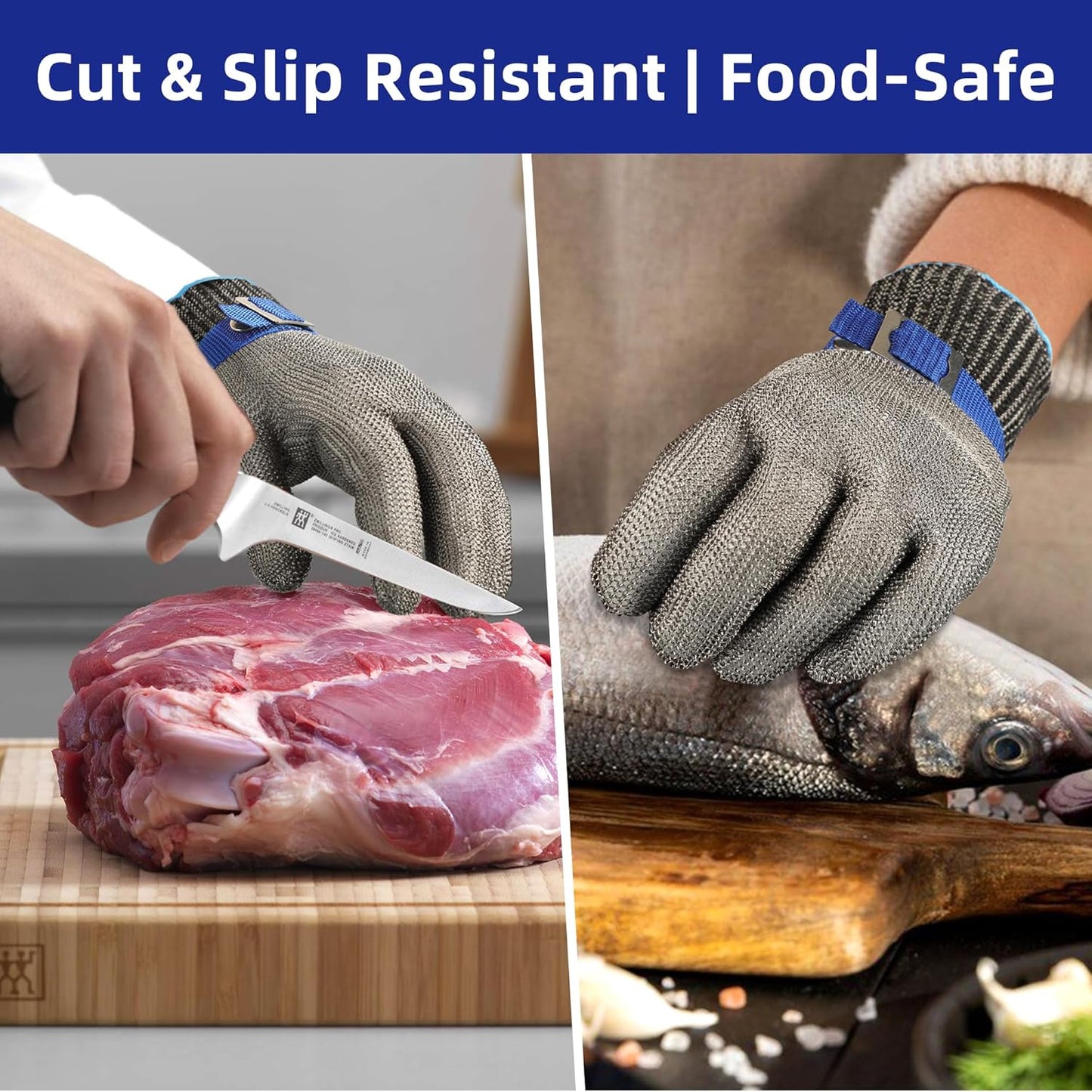 SlicePro ANSI A9 Cut Resistant Glove PR1706, Stainless Steel Mesh Metal Glove, Food Grade for Kitchen Cooking, Butcher Meat Cutting, Oyster Shucking, Mandoline, Fishing (L, 50 Pairs)