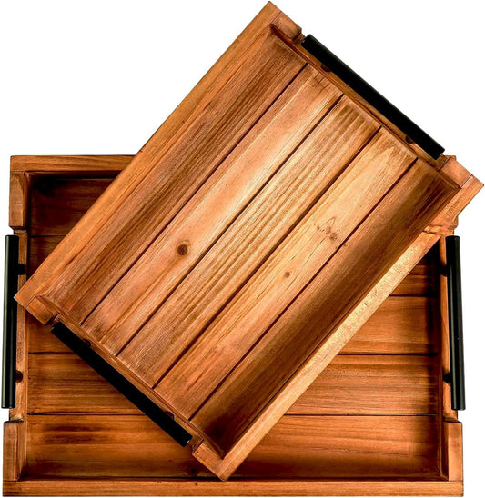 Coffee Table Tray Decorative Nested Vintage Wood Serving Tray Set for Eating, Breakfast, Party, Kitchen, Ottoman,Tea Coffee Table Large Ottoman Trays (Wood, 2pc)