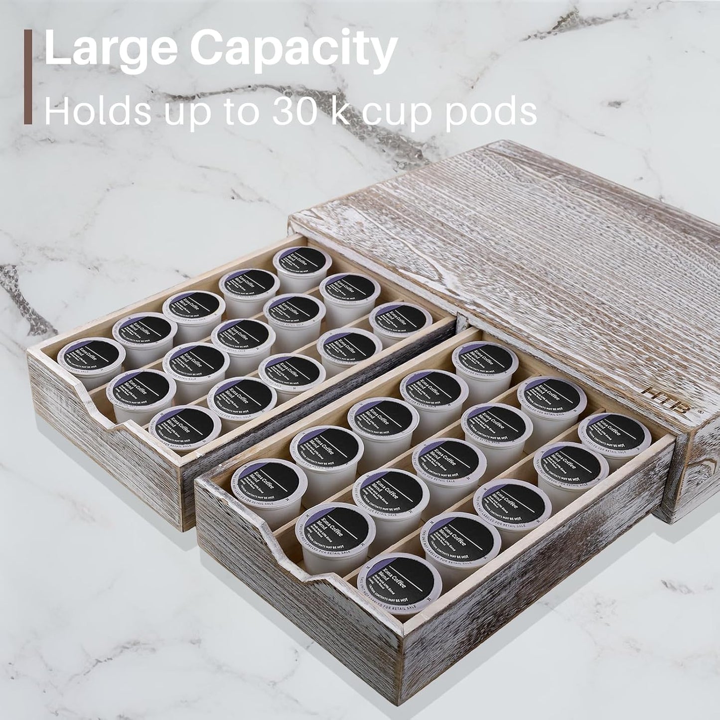 HTB K Cup Holder Compatible with K Cups, Coffee Pod Holder Holds Up 30 Cups, K Cup Organizer Storage Drawer Wood K Cup Drawer Vintage White