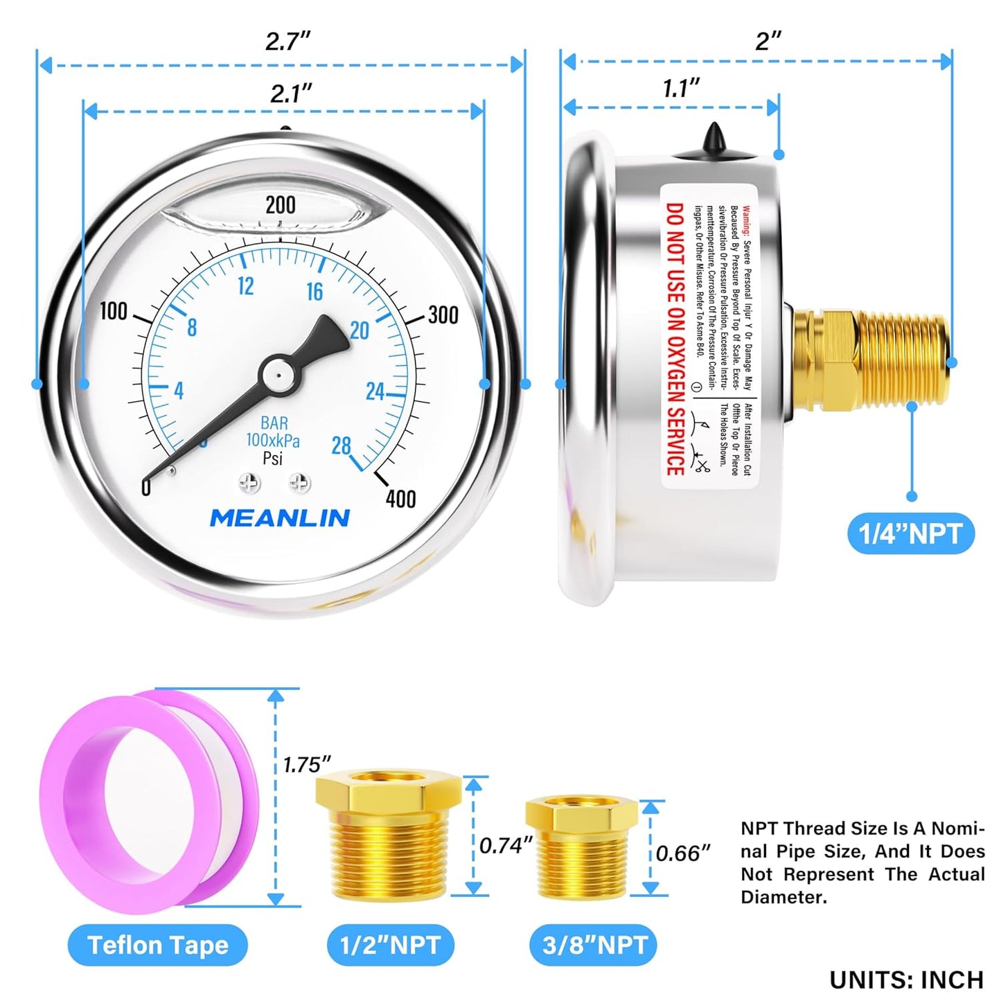 MEANLIN MEASURE 0~400Psi Stainless Steel 1/4" NPT 2.5" FACE DIAL Liquid Filled Pressure Gauge WOG Water Oil Air Center Back Mount, with 1/4" x 1/2" NPT and 1/4" x 3/8" NPT Hex Bushing