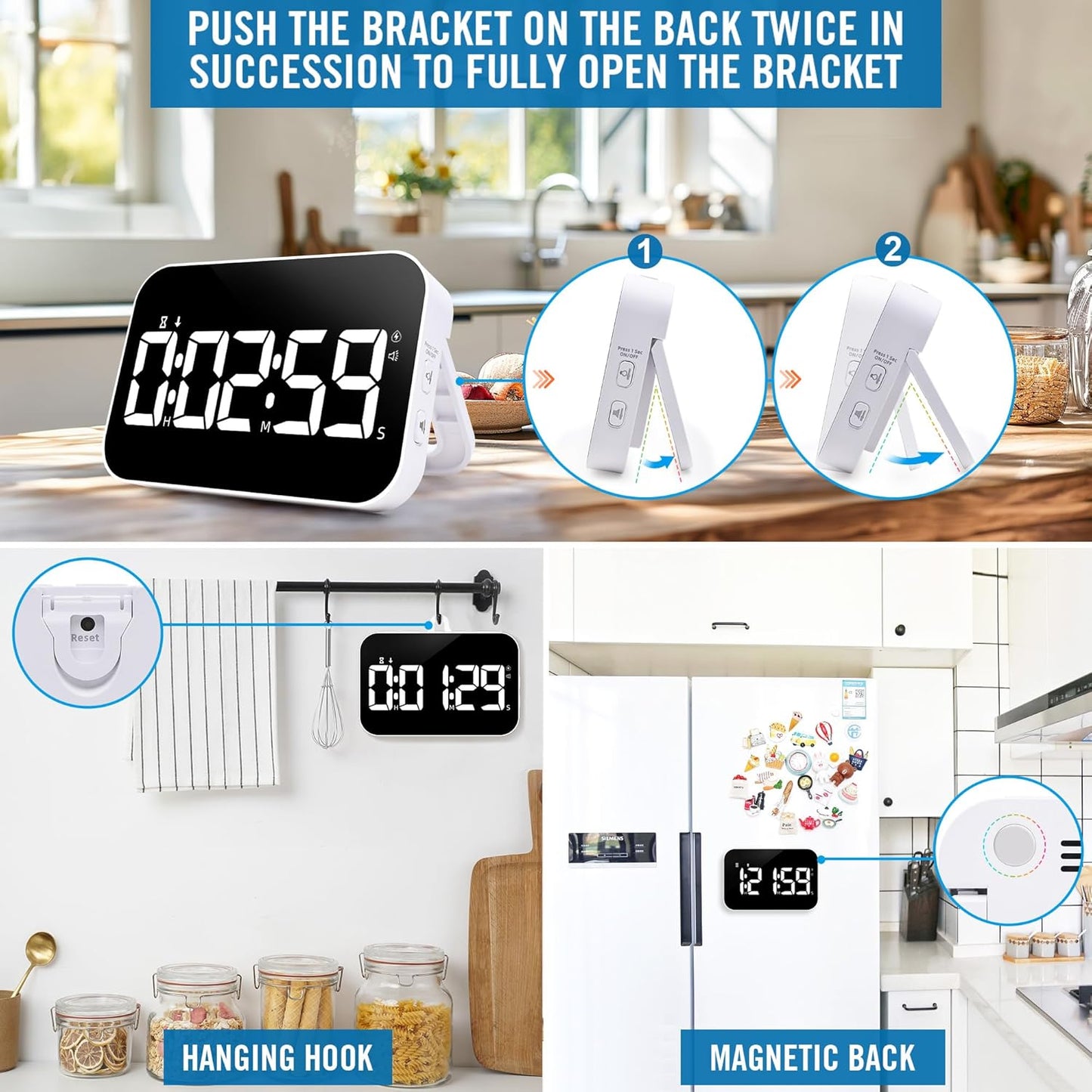 LED Timer（1.5" Number） with Voice Reminder, Digital Magnetic Timer, Countdown/Up, Rechargeabilit, Brightness Display, 3 Volume Levels and Vibration Mode, for Classroom, Study (White)