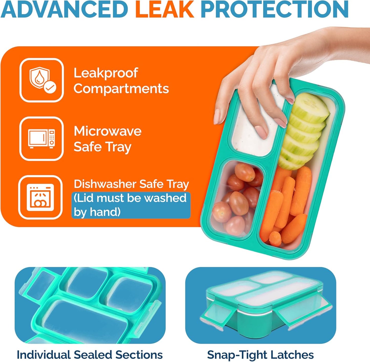 MINI Lunch-Box Snack Containers for Kids | SMALL Bento-Box Portion Container | Leak-proof Boxes for School Work Travel | Best for Adults Boys or Girls | Blue + Orange Set of 2