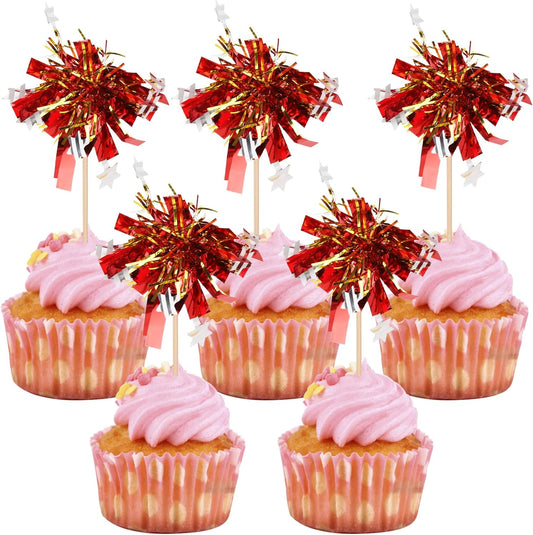 30 PCS Foil Firework Cupcake Toppers Happy Birthday Star Cupcake Picks Sparkle Tinsel Drink Stirrers Cocktail Fruit Toothpicks for Valentine's Day Wedding Birthday Party Decorations Supplies Red Gold